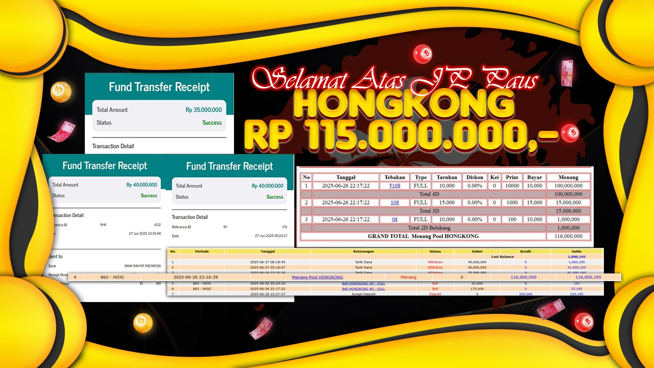 ROHTOTO – Selamat JP Paus Hongkong 4D, 3D & 2D Rp 115.000.000,-